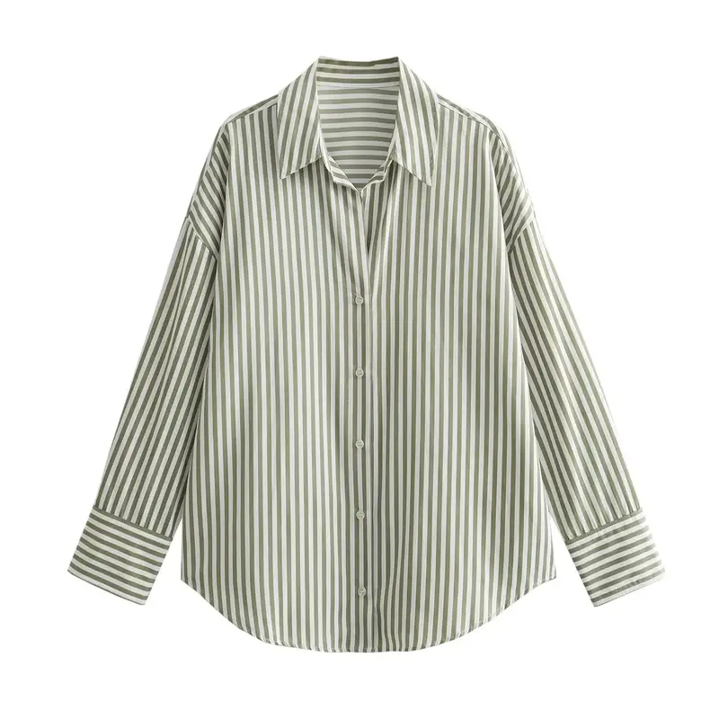 Women New Fashion Loose Basic Style Casual Striped Poplin Blouses Vintage Long Sleeve Button-up Female Shirts Chic Tops