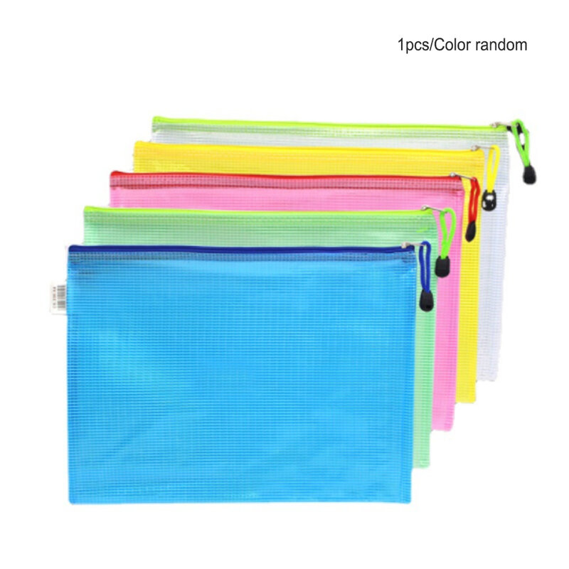 Tas jala berkas dompet sekolah kantor rumah Folder penerimaan kantung jaring portabel dengan ritsleting anak-anak dewasa B5 biru