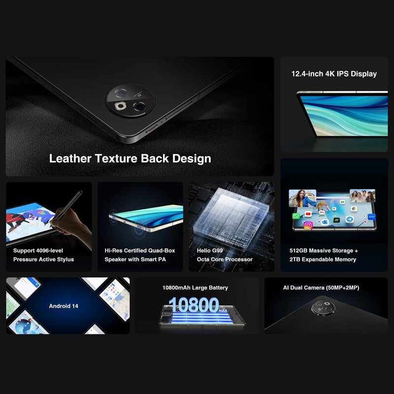 DOOGEE T30 맥스 태블릿, 듀얼 카메라, 알루미늄 합금 나노 유니바디, 12.4 인치, 4K, 20GB(8 + 12), 512GB, 안드로이드 14, 50MP, 10800mAh, 월드 프리미어
