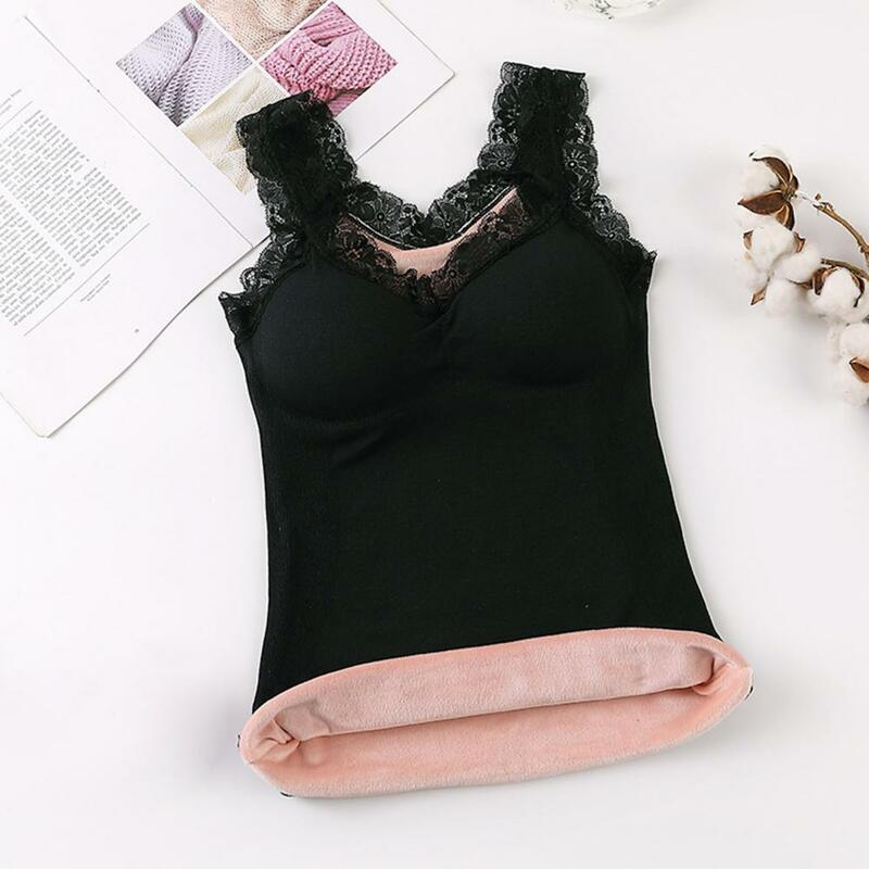 Women Top Cozy Chic Women's Winter Vests Padded Plush Lace-trimmed Sleeveless Tops with Wireless Elastic Warmth Thick Plush Vest