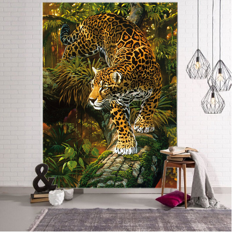 森のヒョウの背景の装飾タペストリー、森の動物、家の装飾