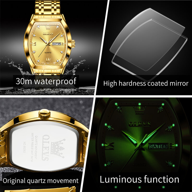 Olevs top luxusmarke herren uhren tonneau zifferblatt gold quarzuhr wasserdicht dual kalender leuchtend original männliche armbanduhr