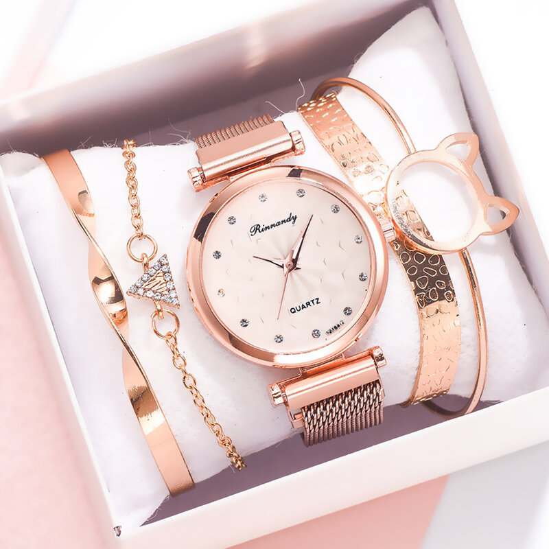 팔찌 시계 세트 패션 여성 로즈 골드 메쉬 벨트 손목 시계 여성용, 쿼츠 시계, 비즈니스 시계, 여성 시계, 5 개