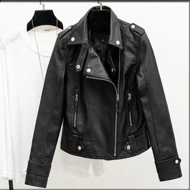 여성용 PU 가죽 재킷, 블랙 짧은 코트, 슬림 라펠 오토바이 탑, 캐주얼 인조 모피 코트, 가을 패션