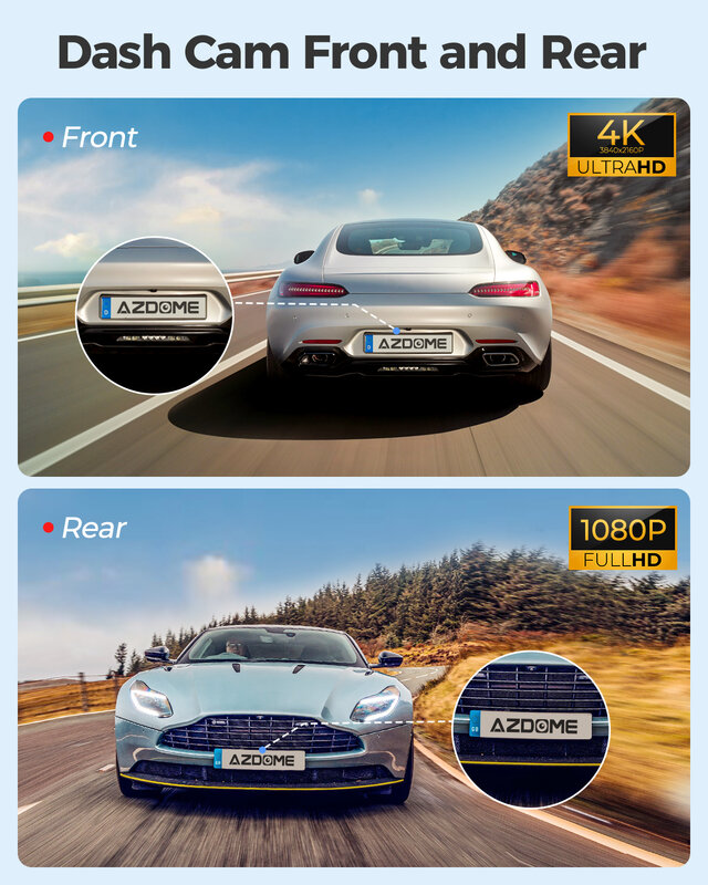 AZDOME-Câmera frontal e traseira para carros, M300S, 4K, 5.8G, WiFi, GPS, cartão SD de 64GB, controle de voz, visão noturna WDR