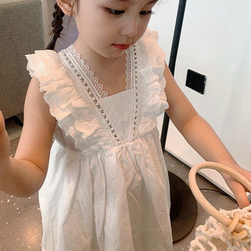 Letnie dzieci dziewczyny ubierają się przyjazną dla skóry, oddychającą modną słodką słodką koronkową suknię dla dziewczynek księżniczki