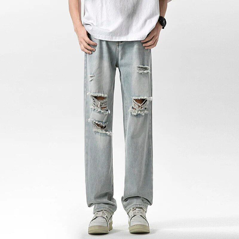 Pantalones vaqueros rasgados para hombre, versión coreana de la tendencia high street, transpirables, novedad de verano, 2024