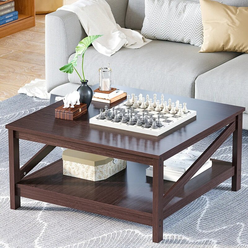 31.5" Modern Square Wood Coffee Table With Open Storage Shelf For Living Room