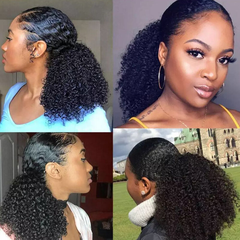 Curto sintético afro kinky extensão do cabelo para mulheres negras, rabo de cavalo com cordão encaracolado, clip-in bun hairpiece, preto, marrom