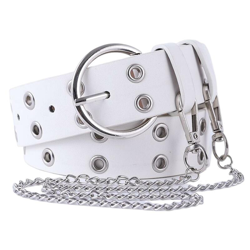 Fashion Double Grommet Belt with Chain Women Leather Waist Strap Pin Buckle Decorative Waistband Jeans Pants Punk Waist Belt