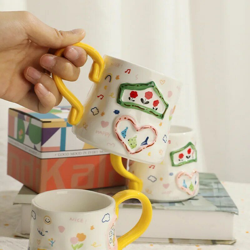 Taza de café colgante de oreja de cerámica, taza de leche y avena de desayuno de colores, taza de amantes de estilo Retro japonés, apilable