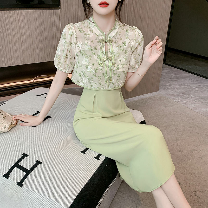 Vestido de duas peças com alça pendurada, top impresso chiffon, fivela melhorada, novo estilo chinês artístico