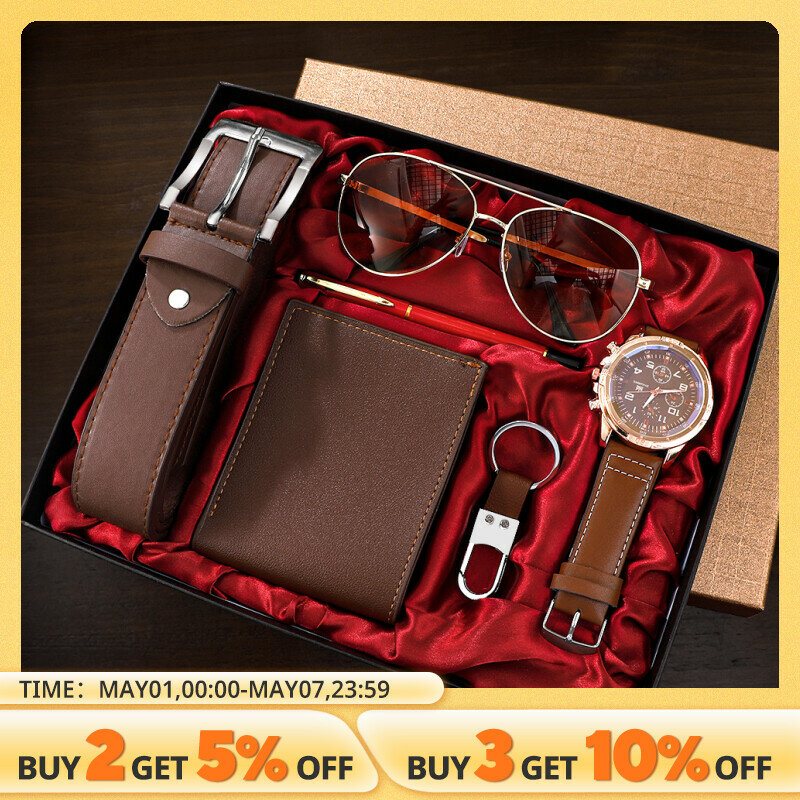 SHAARMS-Reloj de negocios de lujo para hombre, conjunto 6 en 1, gafas, bolígrafo, llavero, cinturón, monedero, bienvenida, vacaciones, cumpleaños