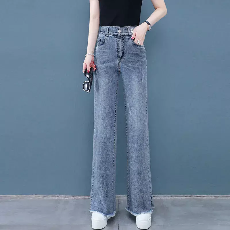Donna 2024 primavera estate nuovi Jeans sottili larghi a vita alta Slim moda gamba dritta pantaloni in Denim donna per ragazze adolescenti