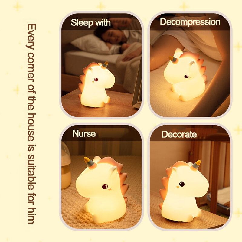 Unicorn Cute Silicone LED Night Light for Kids Children USB Rechargeable Cartoon Animal Bedroom Decor Touch Night Lamp for Gifts
