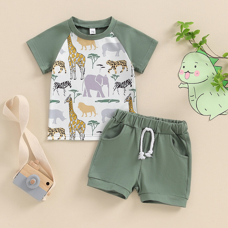 2024-04-10 Lioraitiin Baby Boys Summer Outfits Animal Print Short Sleeves T-Shirt and Elastic Shorts Set Vacation Clothes Set