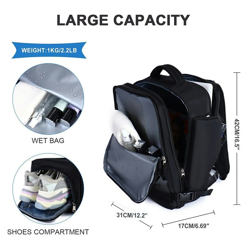 حقيبة ظهر للسفر مقاومة للماء للنساء ، مقصورة كبيرة السعة مع USB ، قسم رطب وجاف ، حقيبة كمبيوتر محمول ، طائرة