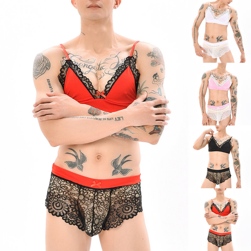 Sissy-Ensemble de lingerie en dentelle pour homme 7.0, soutien-gorge, mini short, string en poudre, slips, sous-vêtements pour garçon