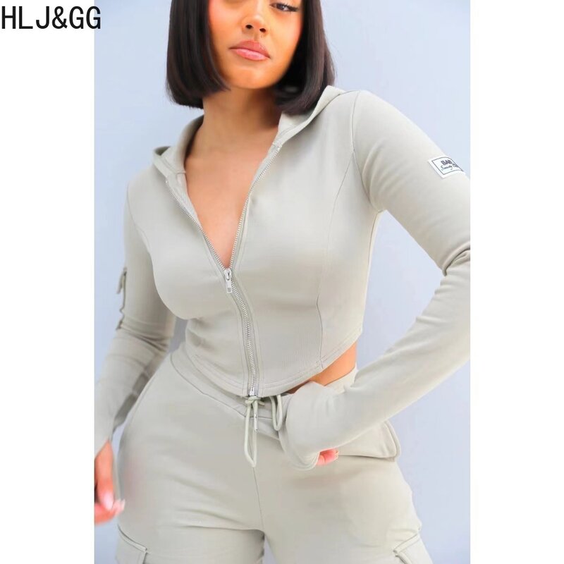 HLJ&GG Casual Solid Sporty Shorts Two Piece Sets Women Hooded Long Sleeve Zipper Crop Top And Shorts Tracksuits Female Outfits
