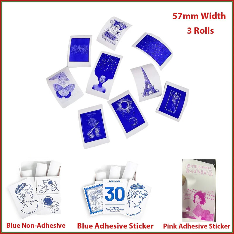 Niebieska papier samoprzylepny do bezprzewodowej drukarki bez atramentowych zdjęć Bluetooth 57mm papier do druku Mini drukarka papierowa naklejka termiczna