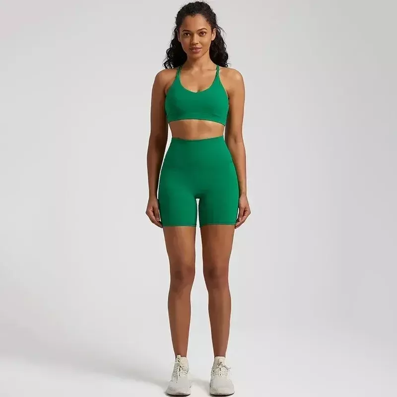 Soft Women Sport Suit High Waist Shorts Cross Fitness Bra 2pc Short Legging Yoga Set Gym Workout Training Hollow Out