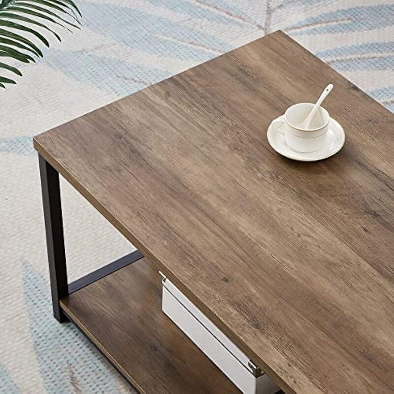 FOLUBAN rustykalny stolik kawowy z półka do przechowywania, Vintage drewna i metalu stół koktajlowy do salonu, dąb
