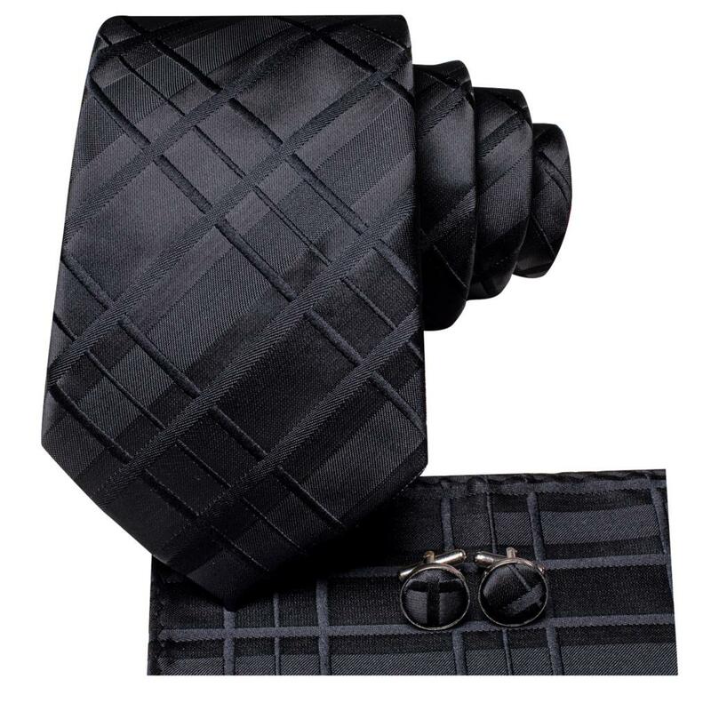 2022 New Fashion Brand Plaid Classic Black Ties for Men Wedding Party Necktie Set Handkerchief Cufflinks Gift Wholesale Hi-Tie