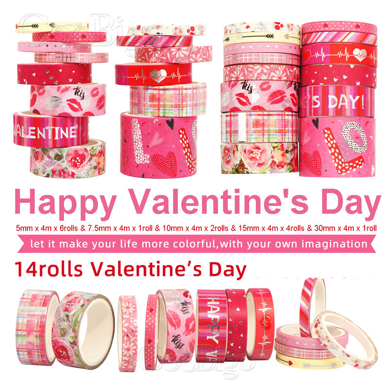 Juego de cinta Washi de San Valentín rosa, pegatina adhesiva para decoración de álbum de recortes, diario, libro de notas, suministros de papelería escolar, 14 rollos por lote