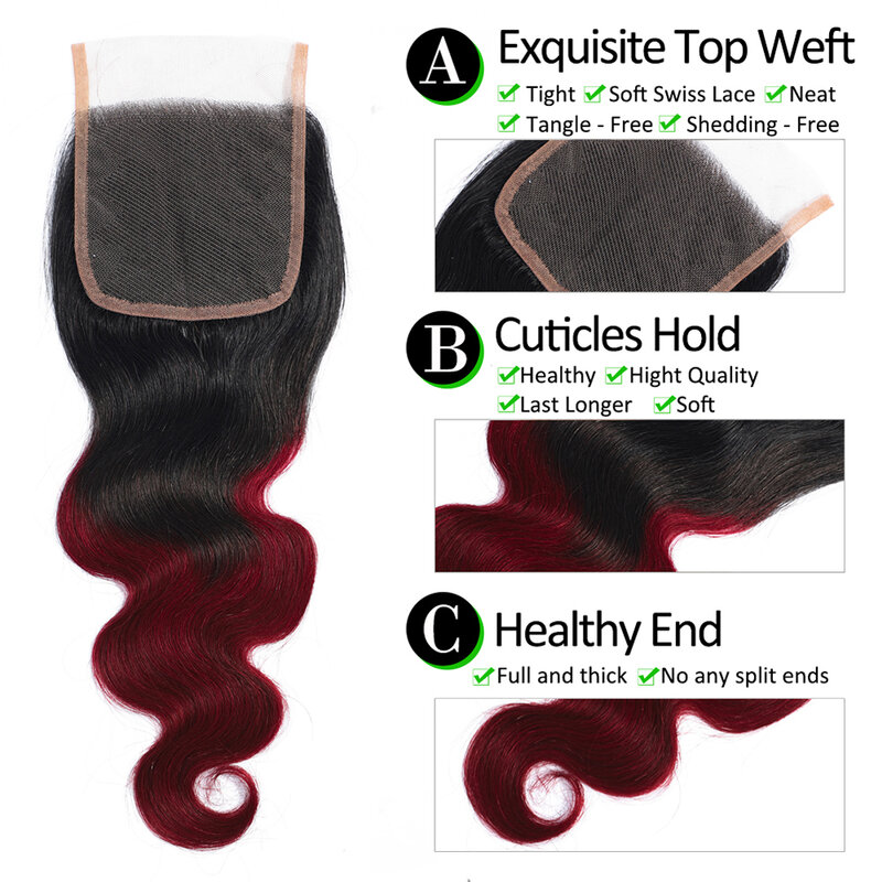 Tissage en lot brésilien Remy avec Closure – Body Wave, 100% cheveux naturels, Extension Lace Closure HD, bordeaux naturel, lots de 3/4