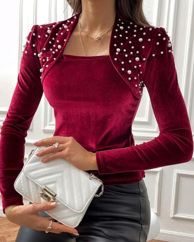 Женская винтажная блузка с длинным рукавом, бархатный Асимметричный топ с квадратным вырезом и бусинами, пуловер для осени и зимы 2023