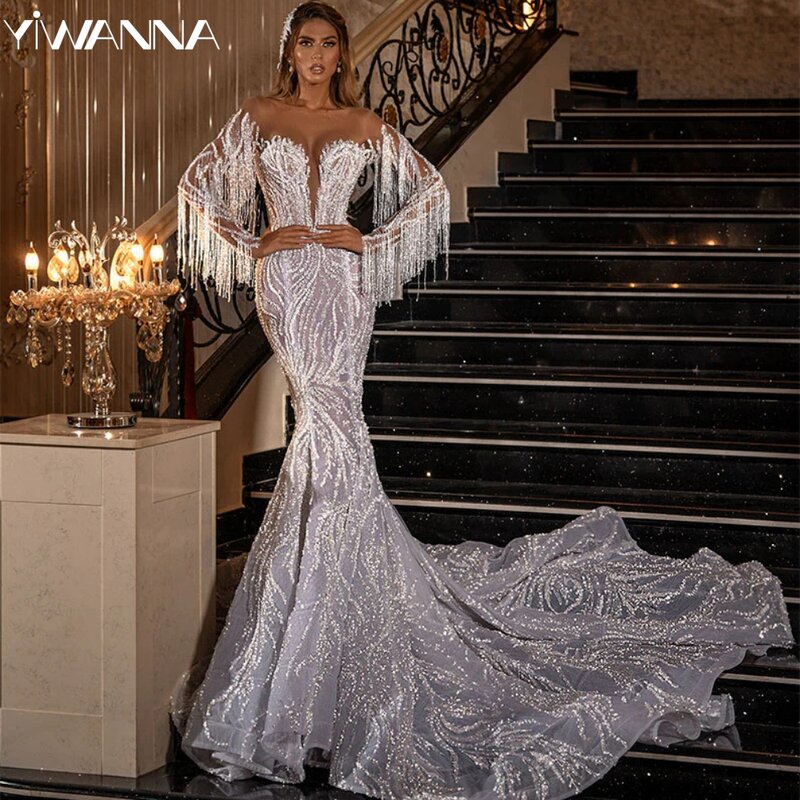 Sexy Illusion Deep V-neck Bridal Dress Sparkly Sequins Tassel Wedding Gown Luxury Mermaid Long Bride Robe Vestido De Novia