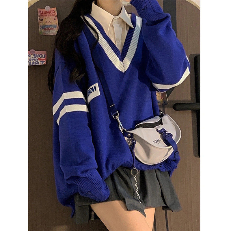 Deeptown-suéter de manga larga para mujer, Jersey Harajuku Preppy de estilo coreano a rayas verdes, moda azul con cuello en V, Tops para mujer