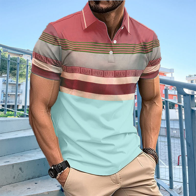 Camiseta de manga corta para hombre, polo a rayas con estampado digital 3D, camiseta informal con botones, novedad de verano