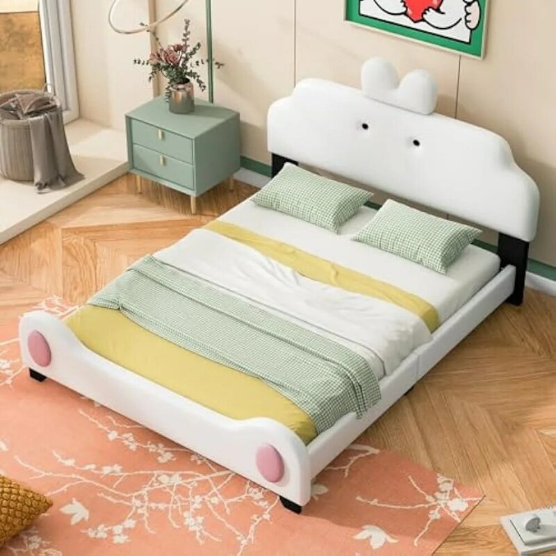 Bed frame, cushion platform bed, headboard and footrest with animal ears,solid wood platform bed frame,wood Flat noodles support
