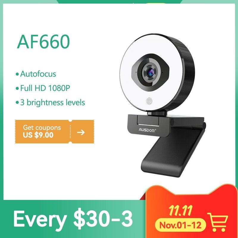 Nuova Webcam AF660 FHD 1080P 60FPS Autofocus camma Stream da 75 gradi con treppiede gratuito a luce destra regolabile per lo Streaming Live