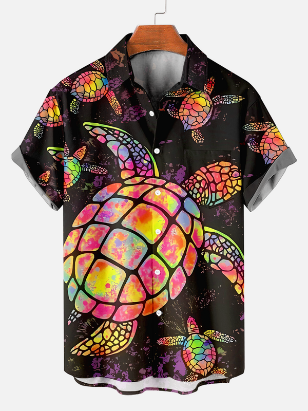Camisa masculina estampa tartaruga havaiana, confortável, respirável, manga curta, praia solta, blusa grande para meninos, verão