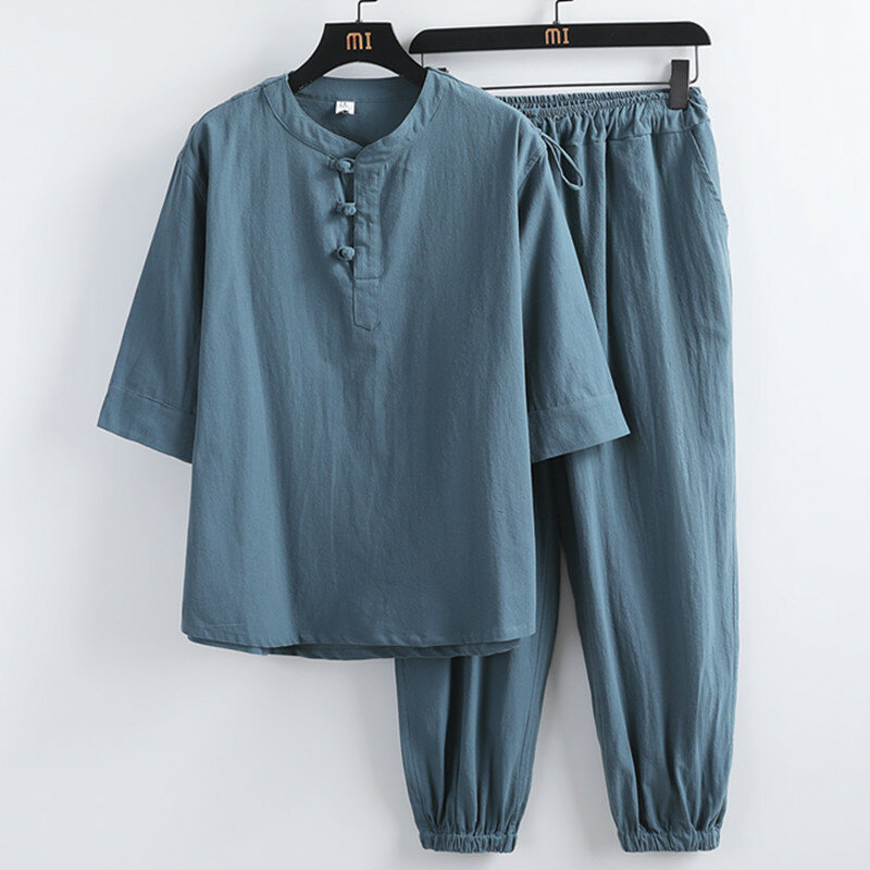 Camicie da tè Zen in stile cinese retrò pantaloni Kung Fu uniforme medievale vichingo moda Casual T-shirt pantaloni Tang Suit set da uomo