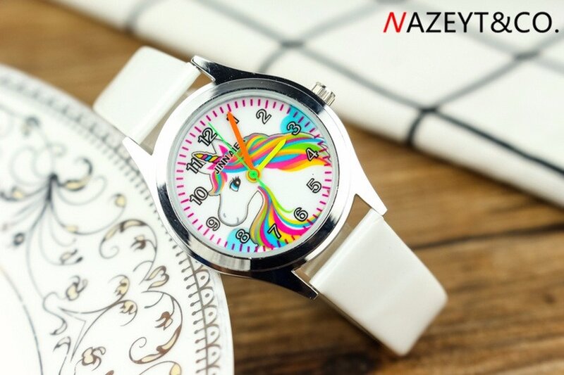 นาฬิกา2024เข็มลายการ์ตูนเด็กผู้หญิงนาฬิกาควอทซ์สายหนังลายยูนิคอร์นแบบเรียบง่ายสำหรับเด็ก