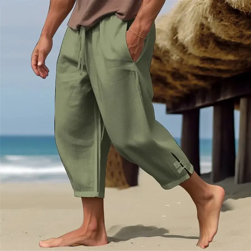 Брюки мужские повседневные льняные, приморские Пляжные штаны для отдыха, модные дизайнерские тонкие брюки с Боковым Разрезом, свободные штаны на три четверти, весна-лето