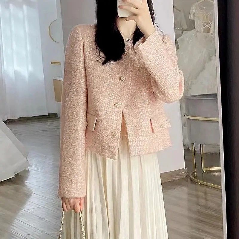 Luksusowy wysokiej jakości przycięty tweedowa kurtka mały zapach damski wełniany płaszcz jednorzędowy biurowa, damska płaszcz koreański nowy