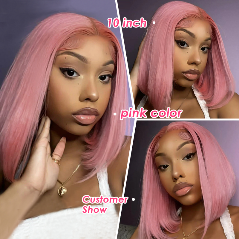Peluca de cabello humano liso con encaje frontal para mujer, pelo corto Bob transparente, nudos blanqueados, prearrancados, color rosa