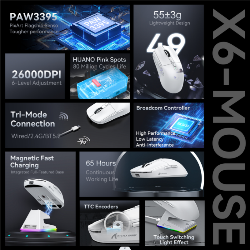 Attack Shark-ratón Bluetooth X6, PixArt PAW3395, conexión trimodo, Base de carga magnética táctil RGB, ratón Macro para juegos