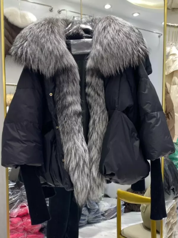 2024 duży naturalne futro z lisa kołnierz płaszcz z prawdziwego futra zimowa kurtka damska gruba ciepła z kaczym puchem odzież wierzchnia nowa moda