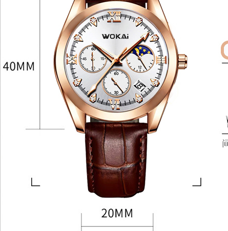 นาฬิกาควอตซ์สำหรับผู้ชายประดับพลอยเทียมหรูหราระดับไฮเอนด์มีปฏิทินทำจากหนัง