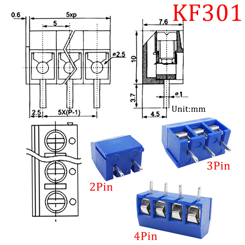 10 PCs KF 301 2/3/4/5 pines conectores de placa de tornillo conectores de placa PCB 2/3/4/5P espaciado 5,0 mm conector lineal insertado