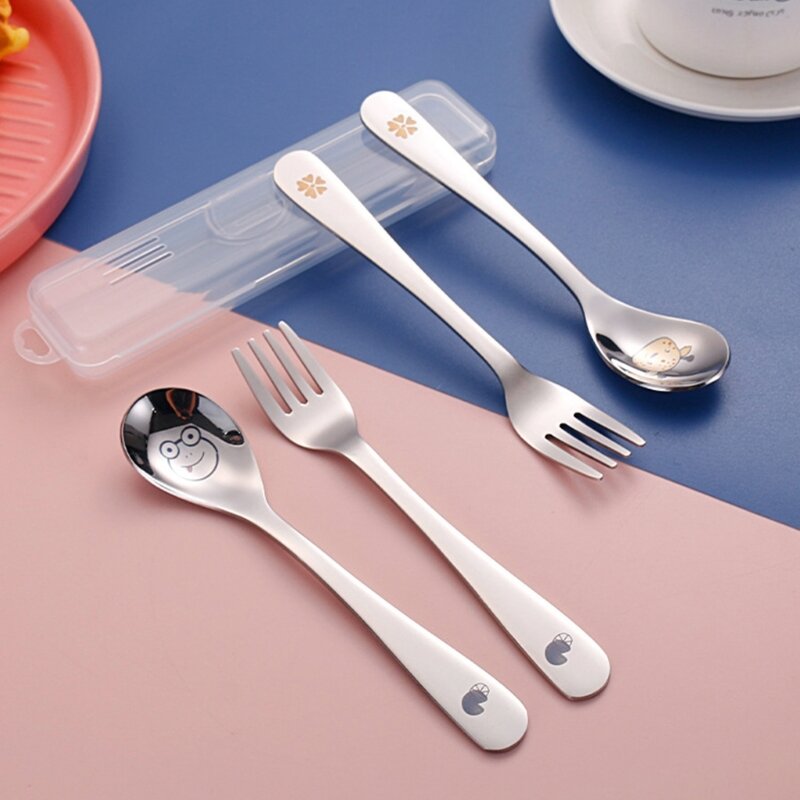 Baby Spoon Fork Set with Case Stainless Steel Self-Eating Child Utensil Cutlery