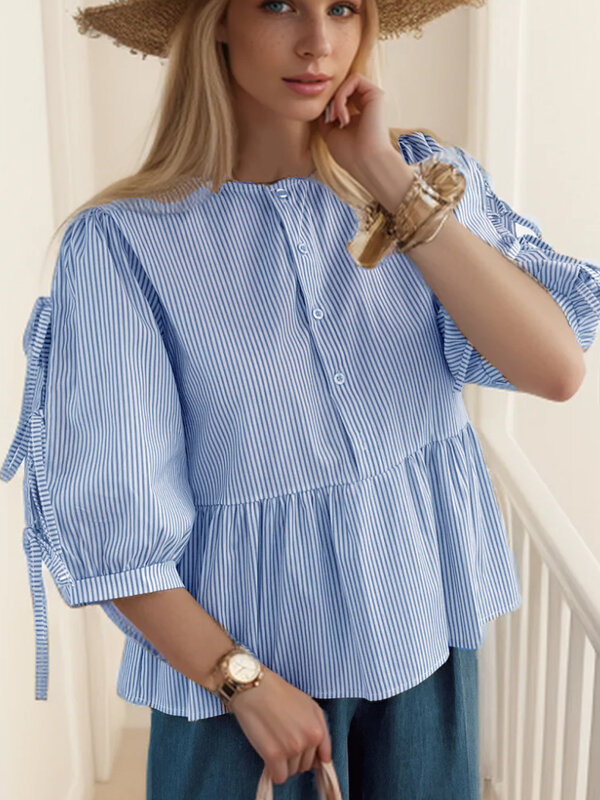 Leoaprd-camisa de encaje con puño para mujer, blusa con lazo, cuello redondo, elegante, Retro, moda de verano