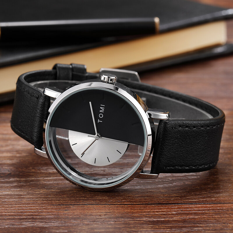 Tomi-reloj de cuarzo creativo para hombre y mujer, cronógrafo único Unilateral, esfera transparente, correa de cuero, regalo para pareja, nuevo