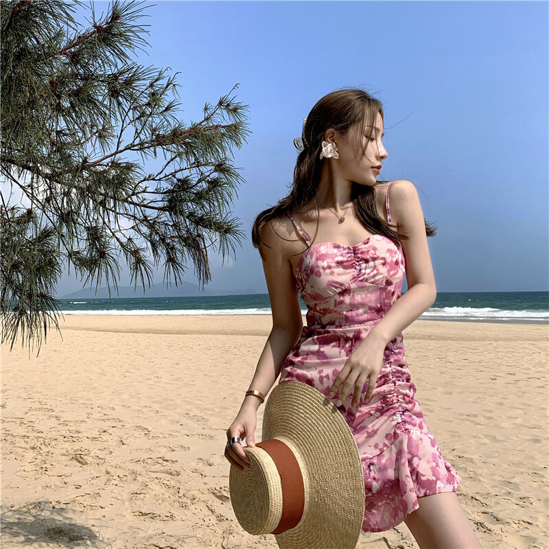 New coreano Ins Holiday Wind Chiffon imbracatura sbavata Smocked Fishtail Dress Picture Color bretelle floreali abito Slim Fit A-LINE