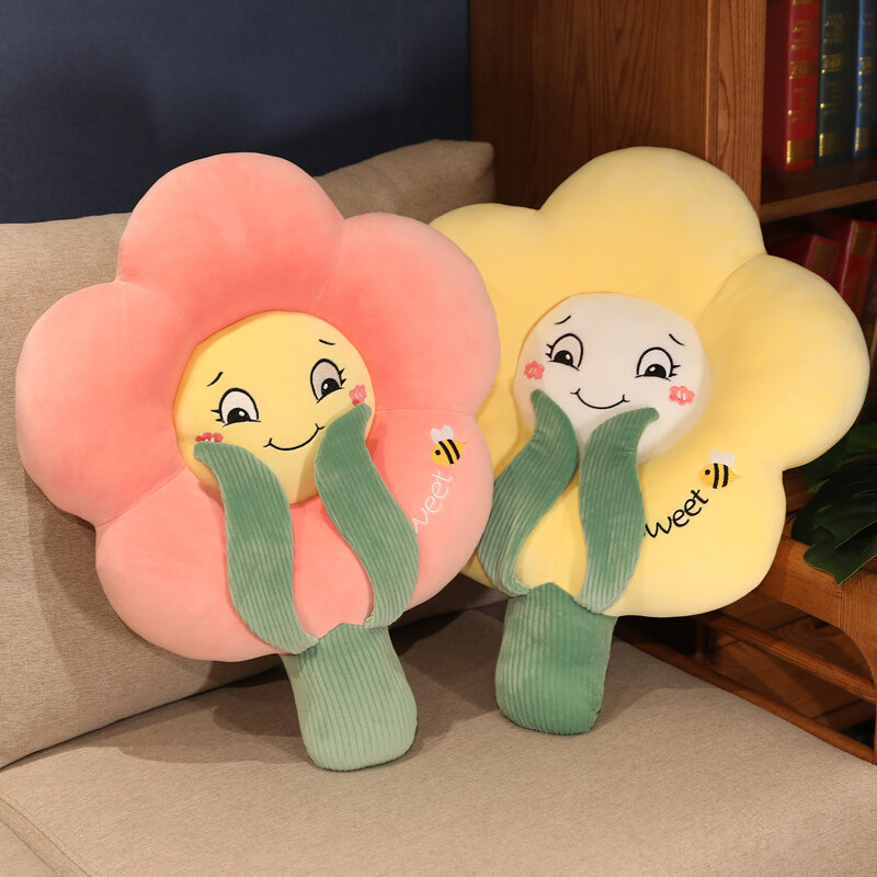 Bantal lempar mewah bunga senyum lucu 50/60cm tanaman boneka kartun bantal mainan lembut untuk anak perempuan dekorasi kamar Kawaii